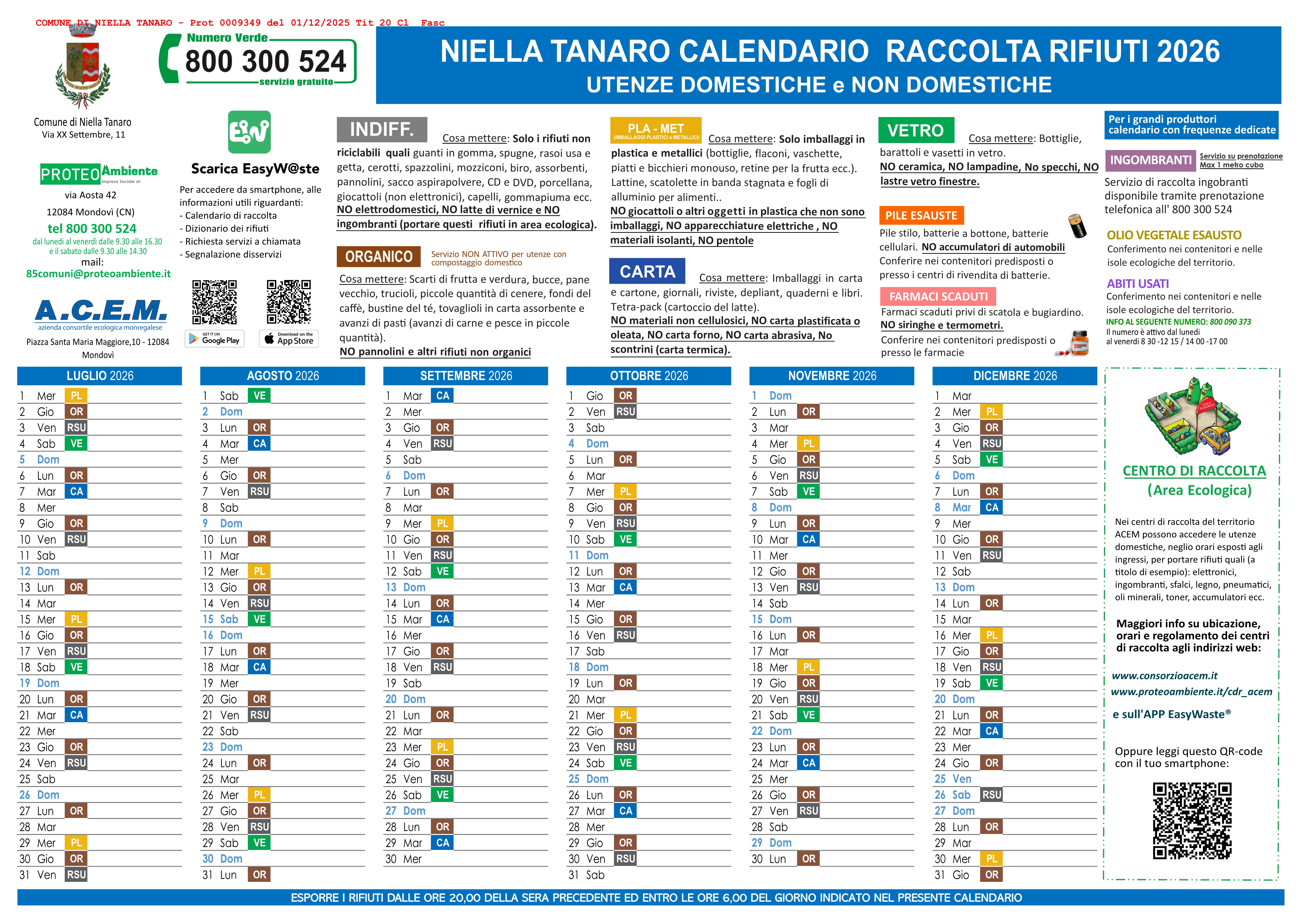 Calendario Raccolta rifiuti anno 2026 - Utenze domestiche e non domestiche