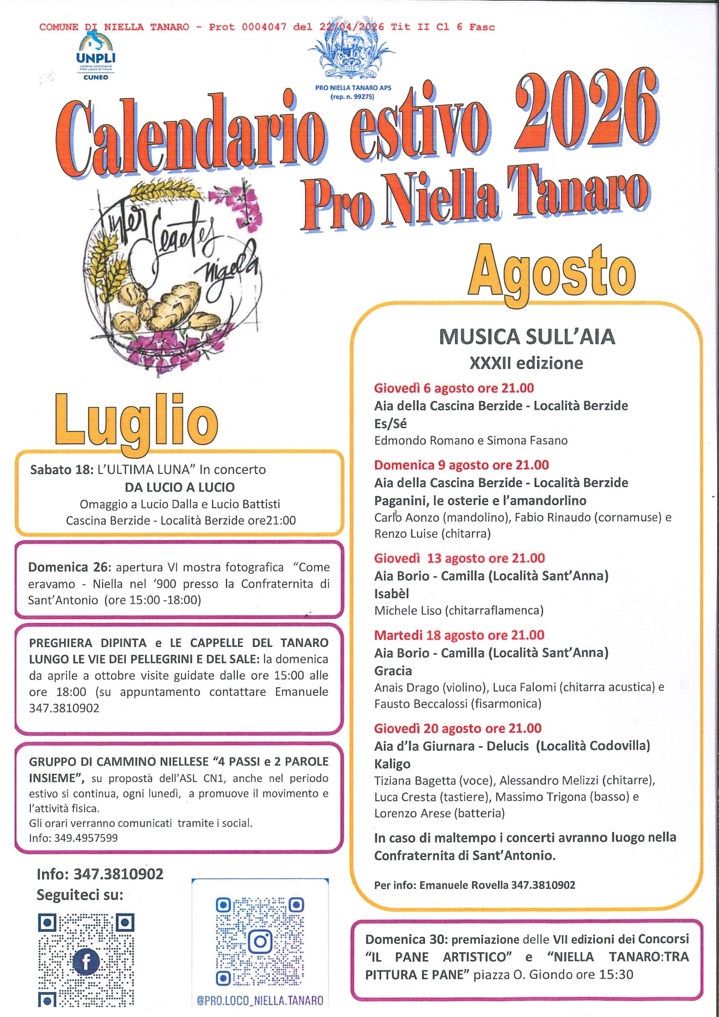 Calendario estivo 2026 - Pro Niella Tanaro
